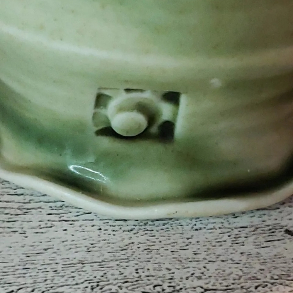 Handmade Studio Pottery Mug Small Marked Green Ruffled Swirl Rustic Primitive - Picture 3 of 10